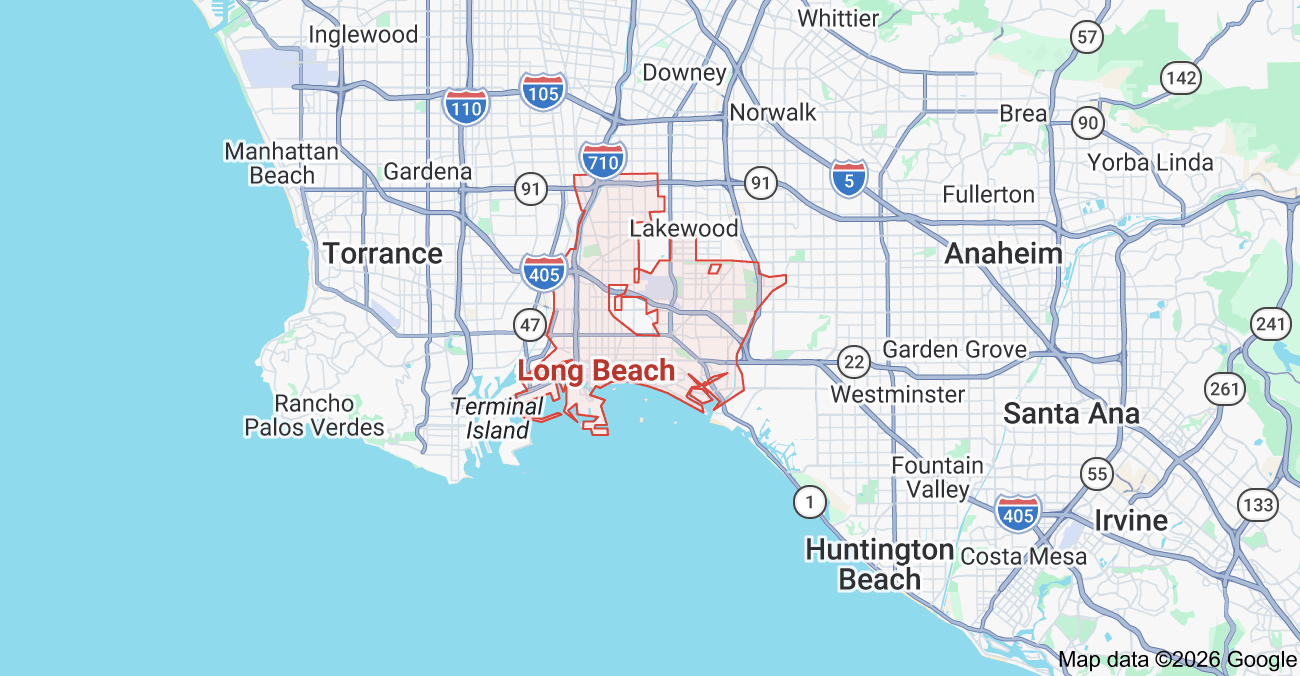 Map of Quick Fix Garage Door Repair service area in Long Beach, CA